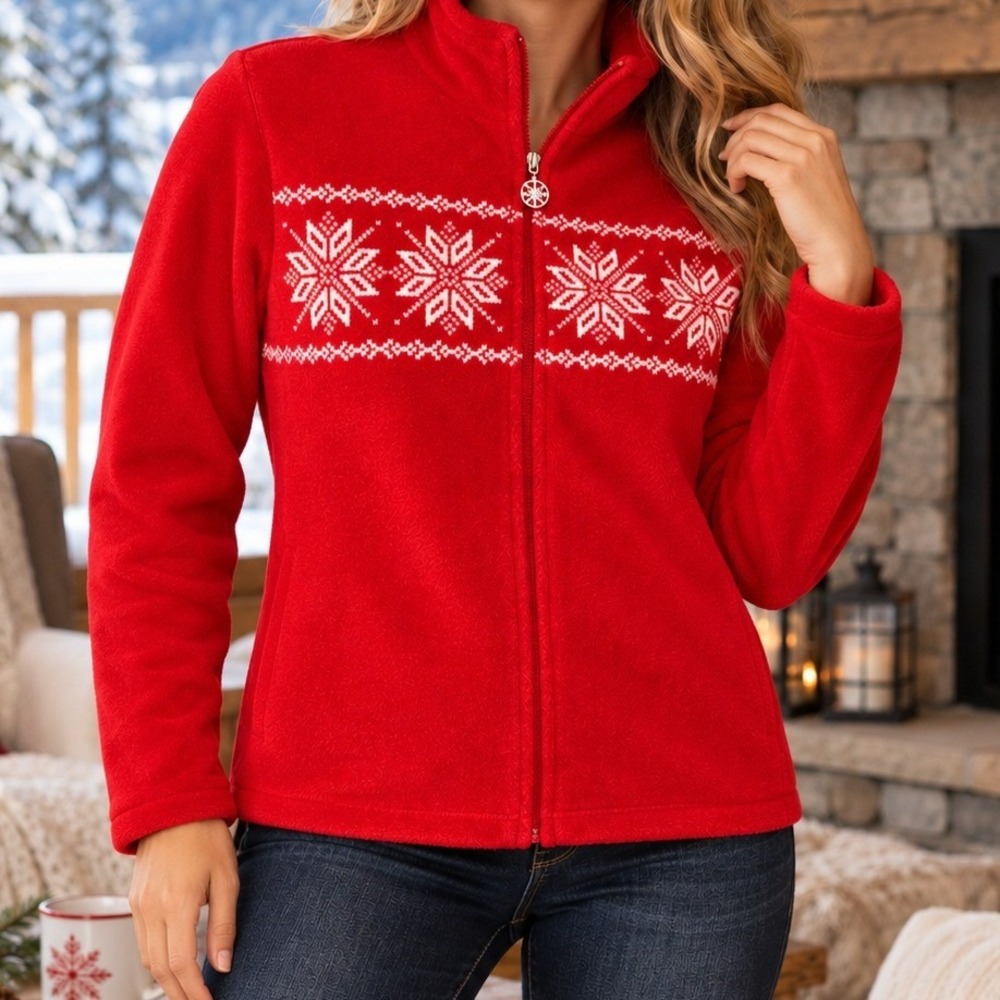 Croft & Barrow Petite Small Red Fleece Jacket Snowflake Fair Isle Full Zip Cozy